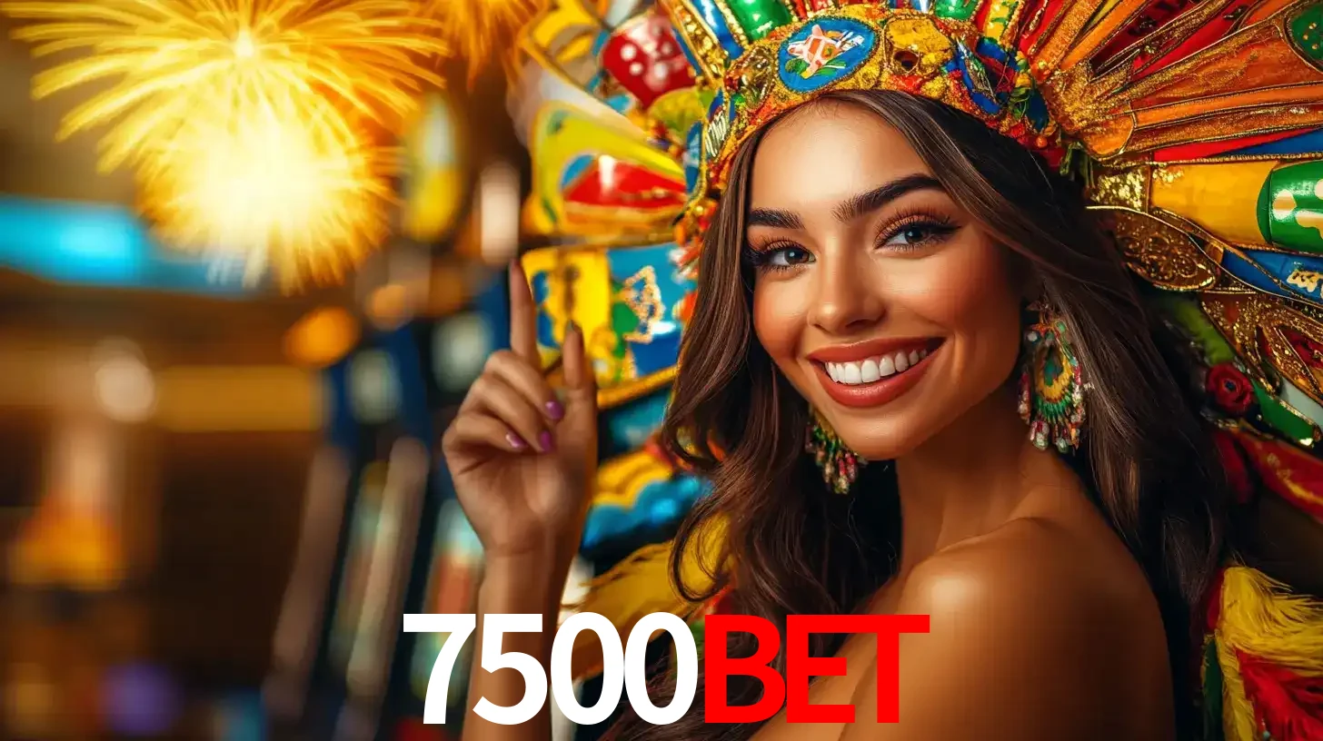 Mulher sorridente com um cocar de carnaval vibrante e colorido, celebrando uma grande vitória nos jogos do cassino 7500bet com fogos de artifício ao fundo.