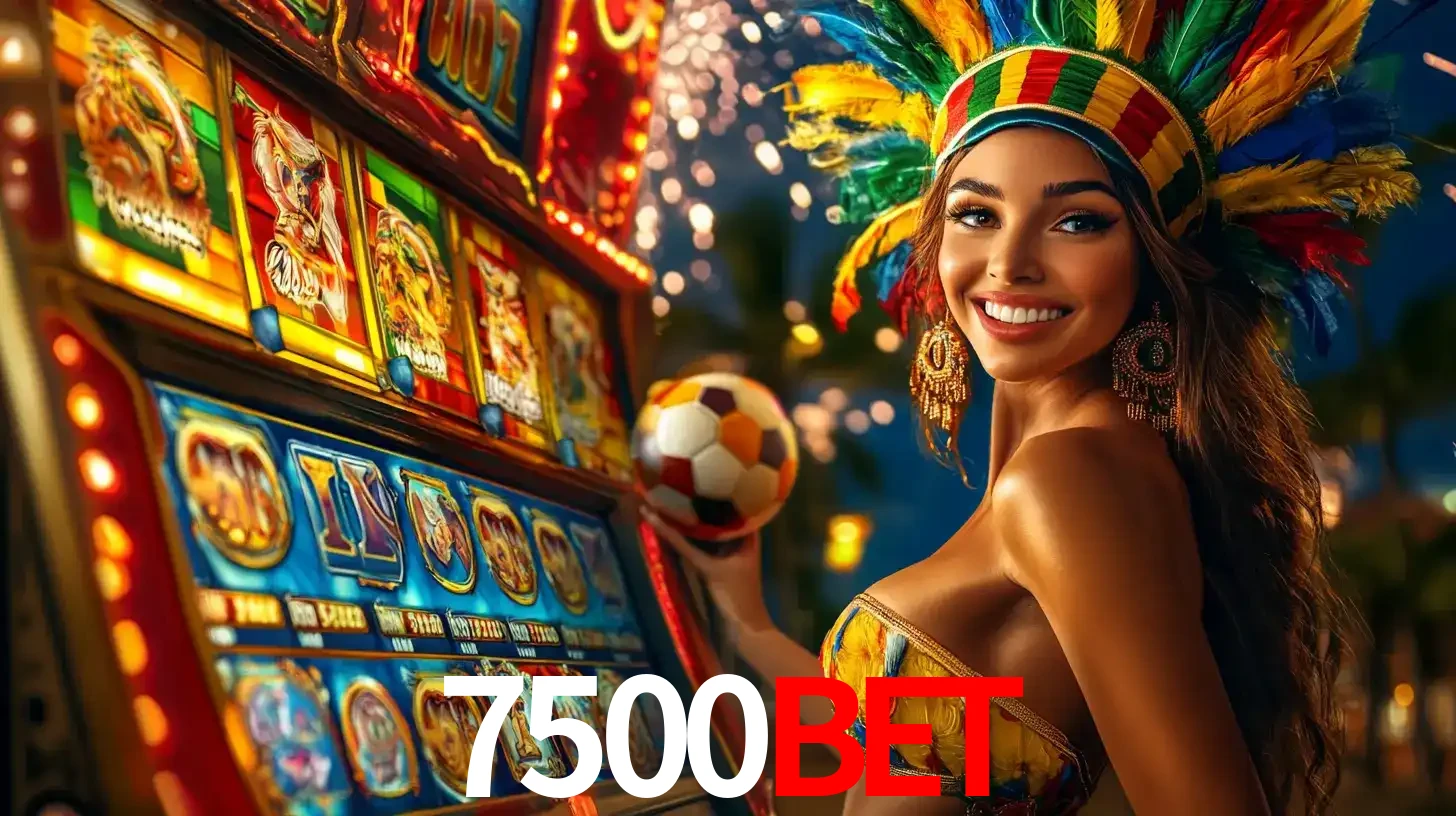 Mulher com um cocar de carnaval ao lado de uma máquina de caça-níqueis enquanto segura uma bola de futebol, mostrando a união da diversão de cassino e esportes no 7500bet.