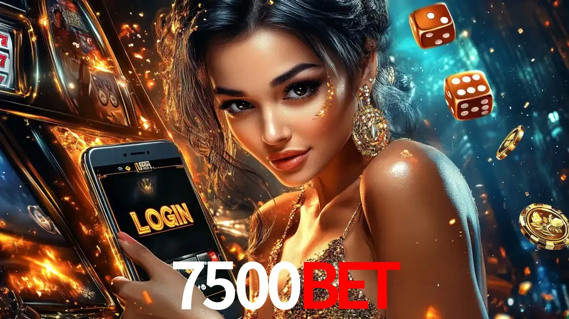 Mulher glamourosa segurando um celular com a tela de login do cassino 7500bet, rodeada por dados e moedas douradas, pronta para começar a diversão.