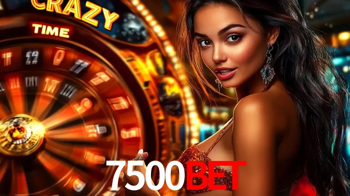 Mulher ao lado da roda de prêmios do jogo de cassino ao vivo Crazy Time, um dos shows de jogos mais emocionantes oferecidos pela plataforma de apostas 7500bet.