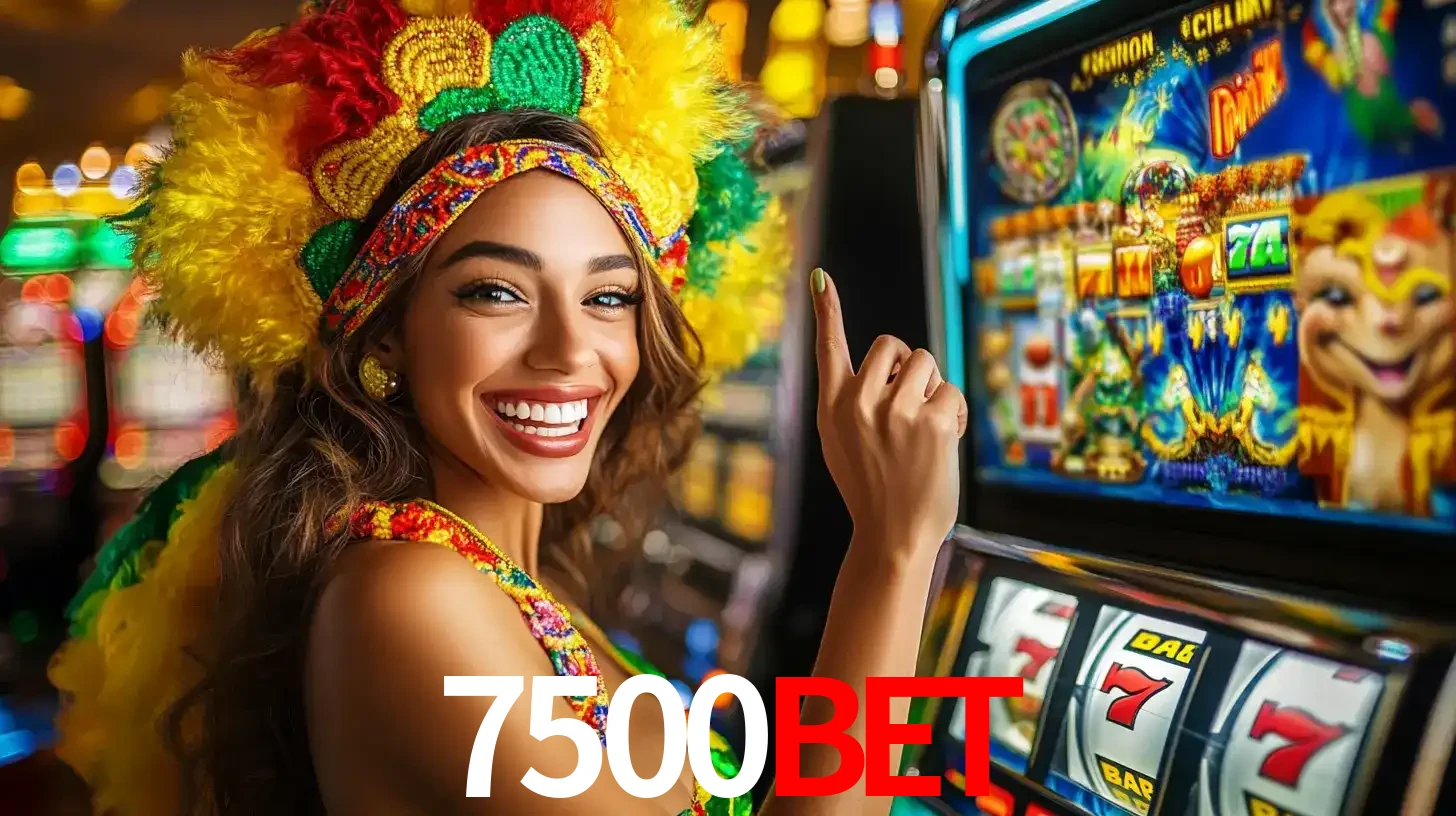 Mulher animada com um cocar de carnaval apontando para uma máquina de caça-níqueis, mostrando a emoção de ganhar um grande prêmio nos jogos do 7500bet.