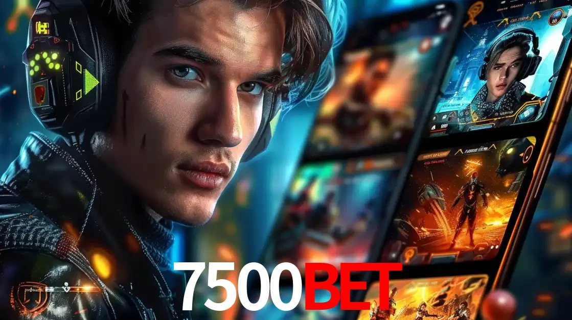 Jovem jogador com fones de ouvido olhando para a câmera, com um aplicativo de jogos e e-sports para celular ao fundo, pronto para a competição e apostas no 7500bet.