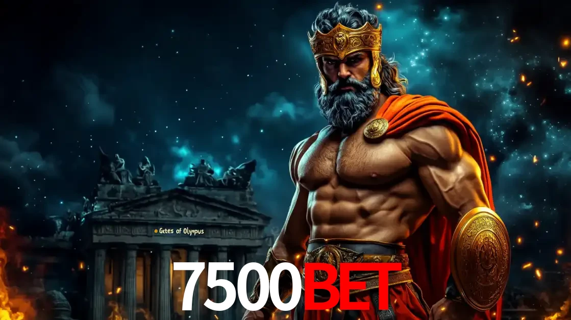 O poderoso Zeus do jogo de slot Gates of Olympus em frente ao seu templo, pronto para lançar multiplicadores divinos e prêmios épicos no cassino online 7500bet.