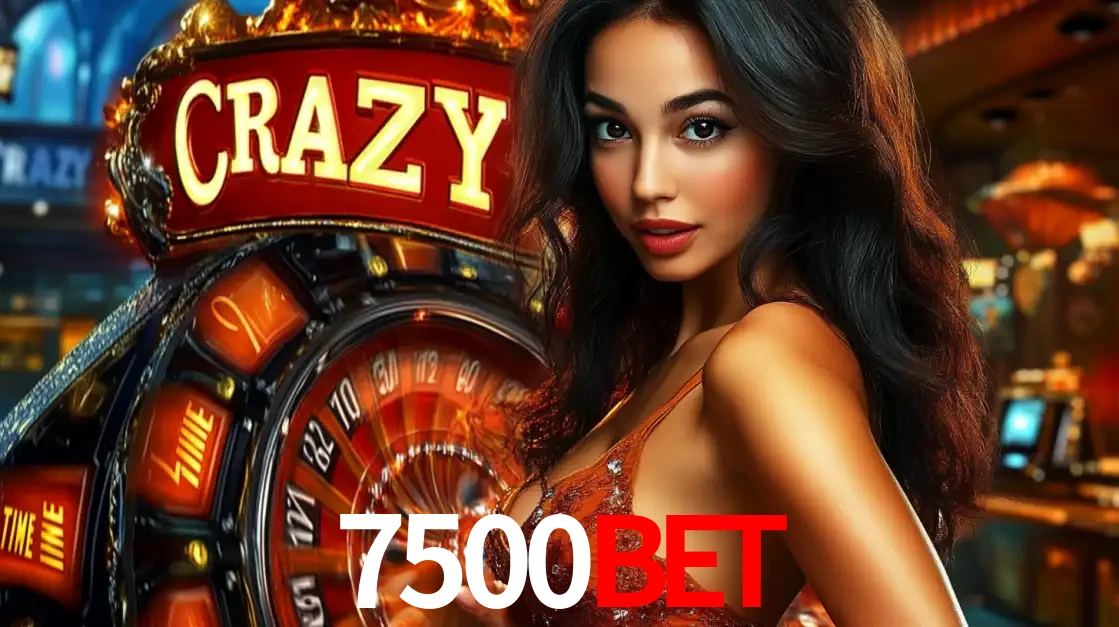 Mulher glamourosa olhando para a câmera com a roda vermelha do Crazy Time ao fundo em um ambiente de cassino, destacando a emoção dos jogos ao vivo no 7500bet.
