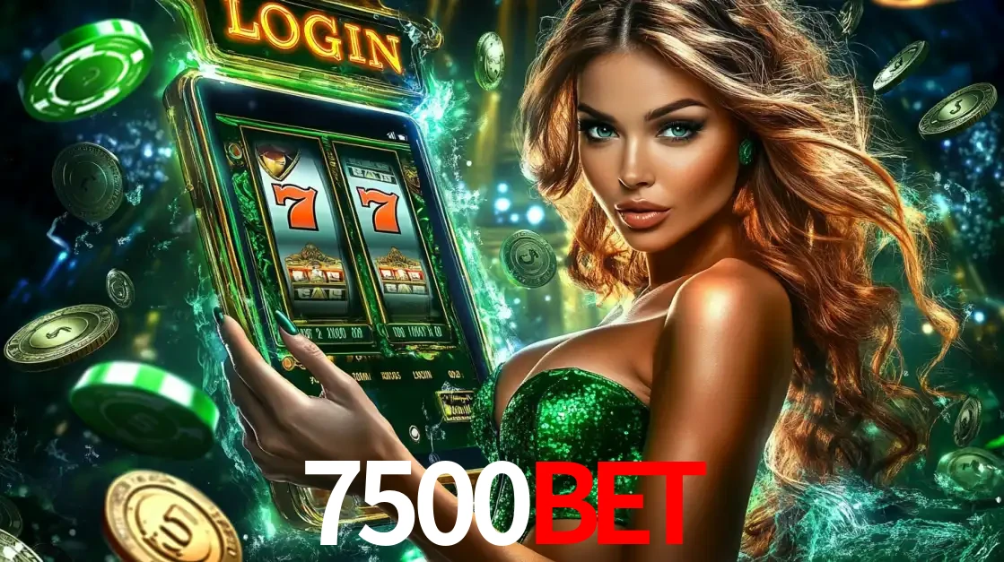 Mulher com tema verde apresentando o aplicativo do cassino 7500bet com um jogo de slot de 777, cercada por fichas de cassino e uma aura de sorte.