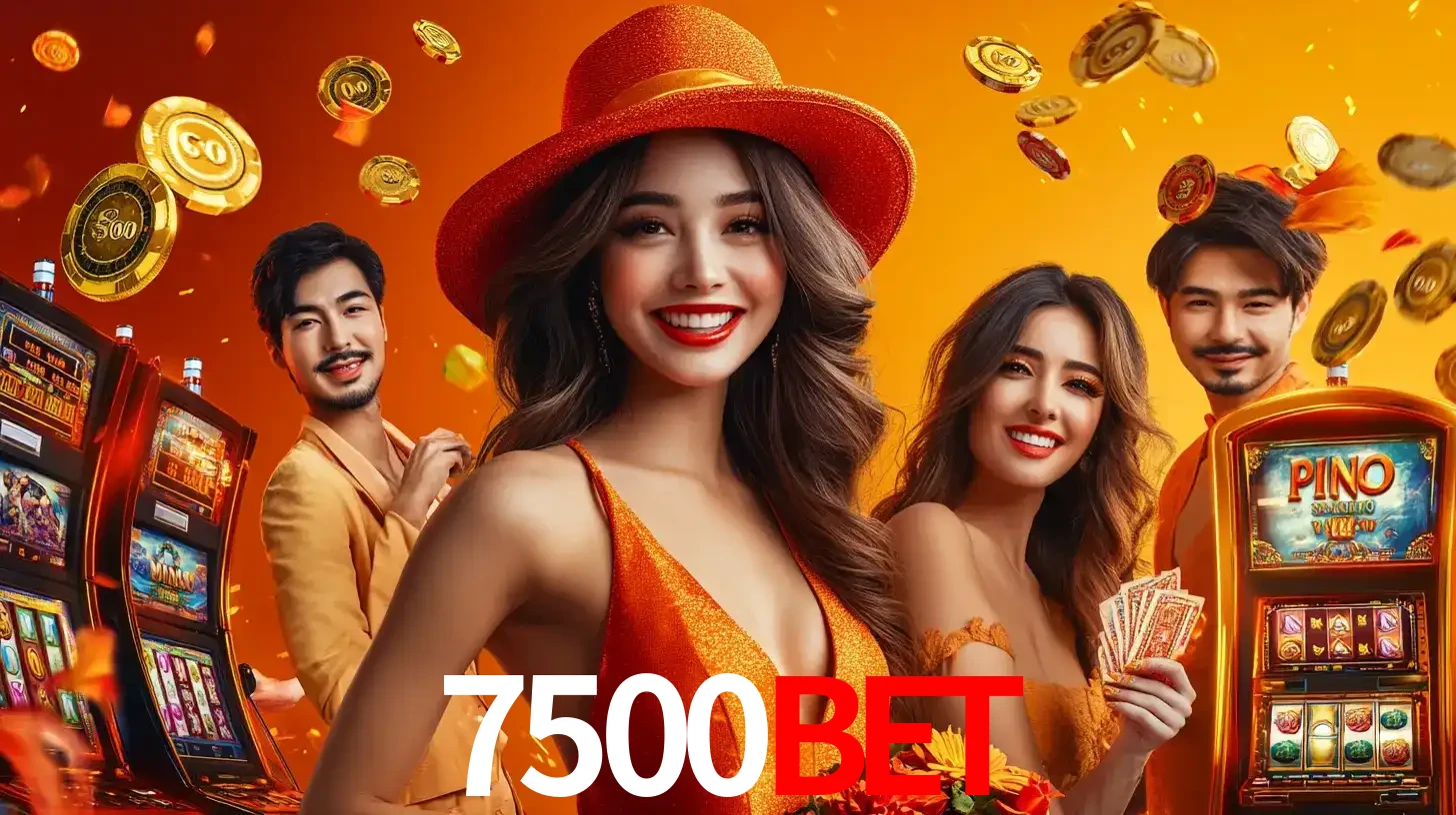 Grupo de amigos asiáticos sorrindo e se divertindo com máquinas de caça-níqueis em um ambiente festivo, celebrando suas vitórias nos jogos de cassino do 7500bet.