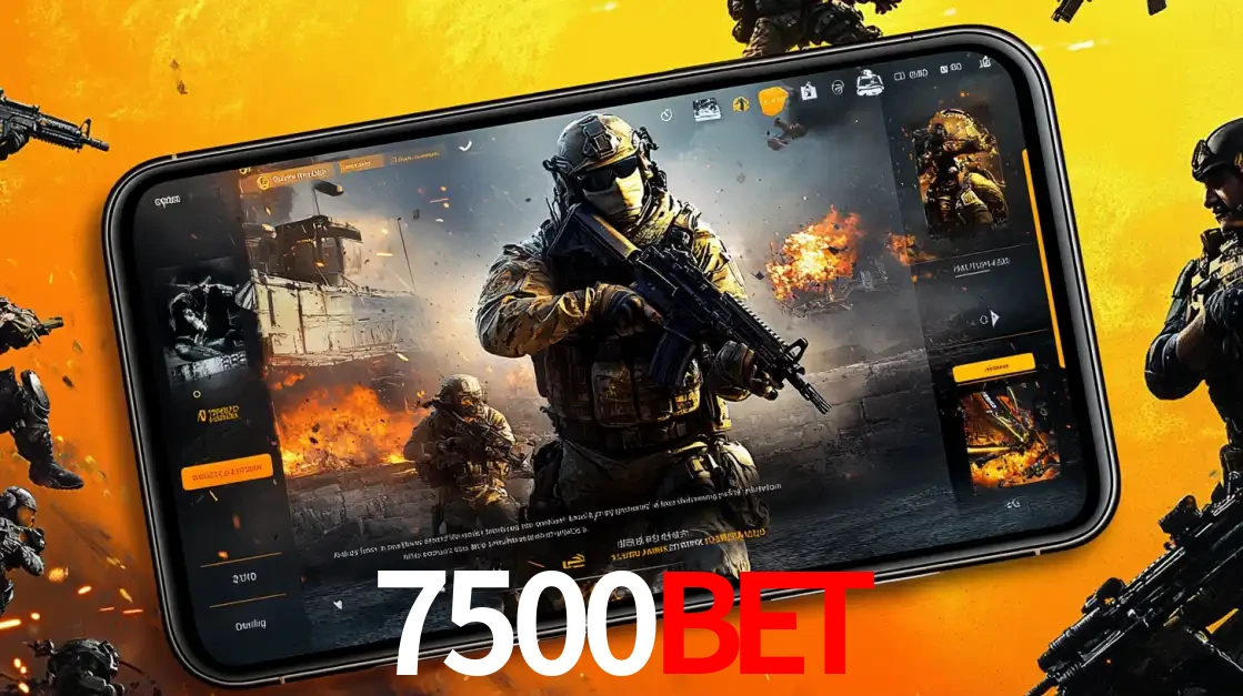 Um smartphone exibindo a interface de um jogo de tiro em primeira pessoa, com um soldado em um cenário de batalha, representando a ação dos e-sports para apostar no 7500bet.