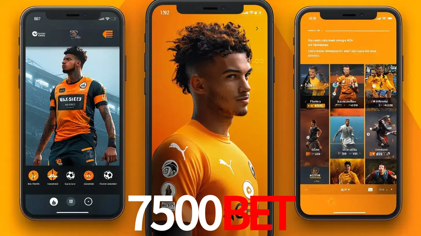 Interface do aplicativo de apostas esportivas 7500bet em três telas de celular, mostrando o perfil de um jogador de futebol e a lista de jogos disponíveis para apostar.