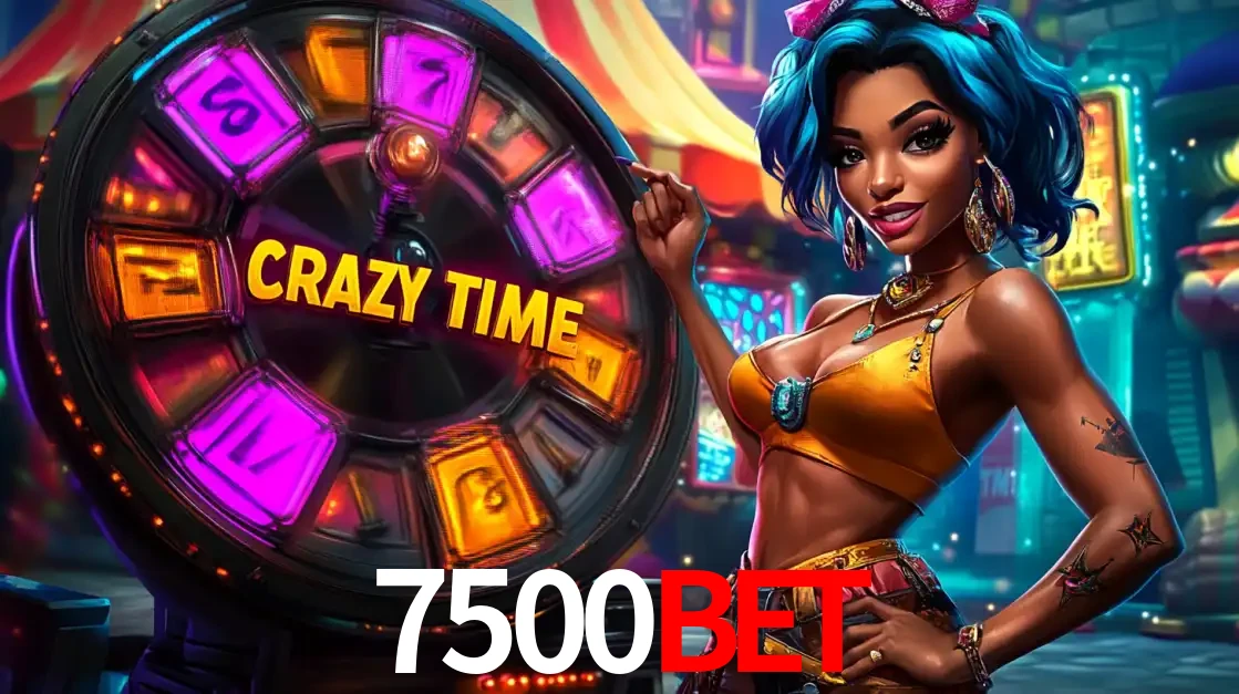 Mulher estilizada com cabelo azul e visual vibrante posando ao lado da roda de prêmios do game show Crazy Time, convidando para a diversão e os bônus do cassino 7500bet.