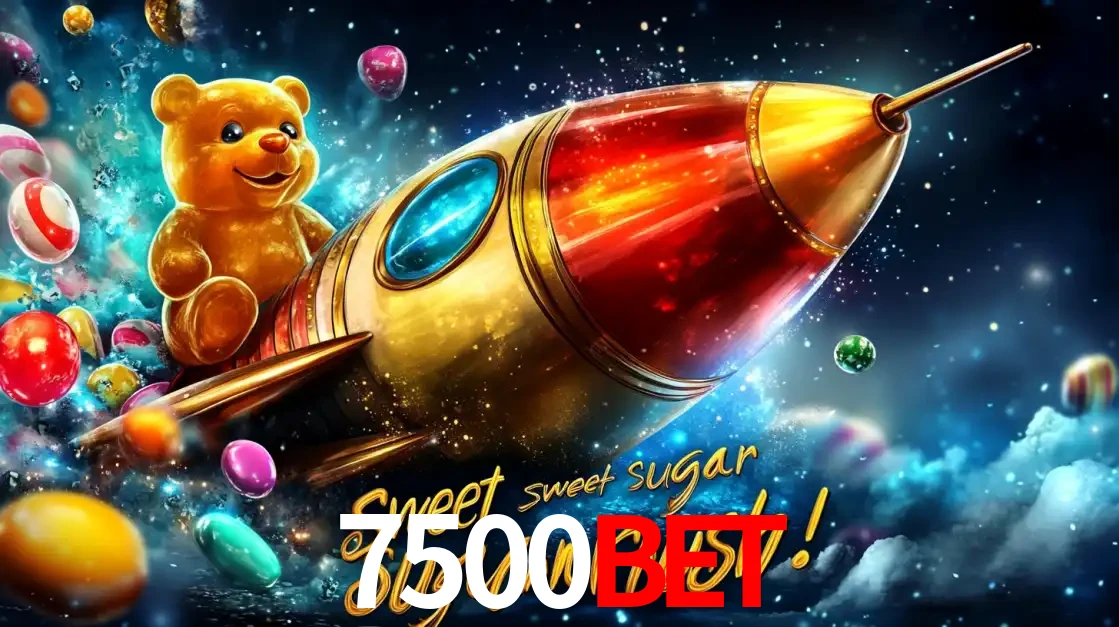 Arte promocional do jogo de slot Sugar Rush, com um urso de pelúcia em um foguete viajando pelo espaço de doces, um dos jogos divertidos disponíveis no cassino 7500bet.