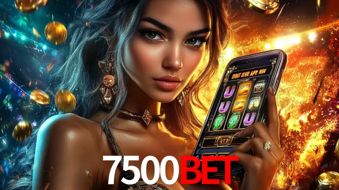 Mulher elegante mostrando um jogo de caça-níqueis em seu smartphone, destacando a experiência de cassino móvel oferecida pelo aplicativo 7500bet.