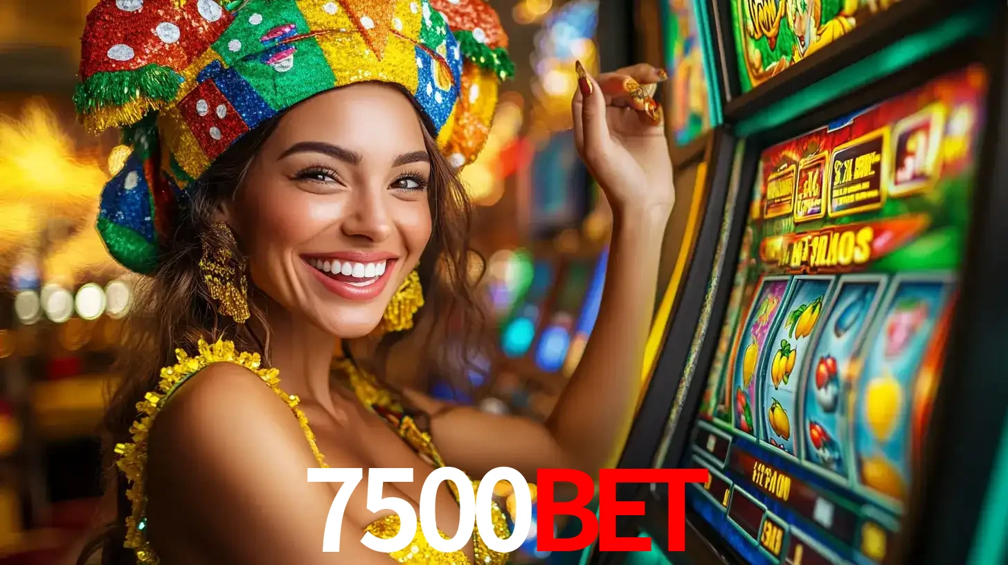 Mulher feliz com traje de carnaval amarelo e colorido ao lado de uma máquina de caça-níqueis, aproveitando a diversão e os jogos temáticos do cassino 7500bet.