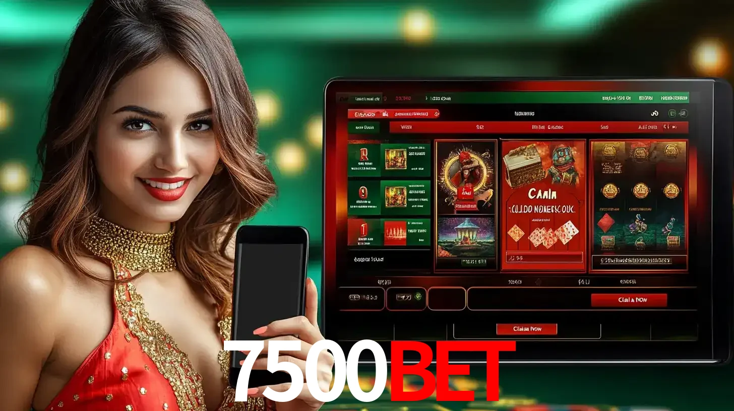 Mulher sorridente segurando um smartphone, ao lado de uma tela exibindo o lobby de jogos do cassino online 7500bet, com várias opções de jogos de cartas e slots.